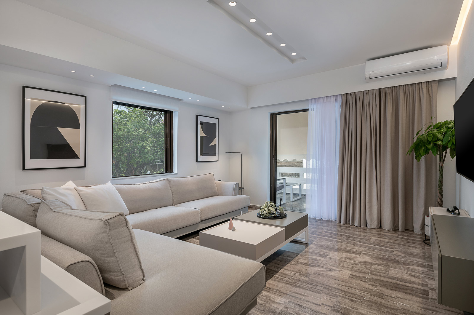 Hotel interior, living room and balcony door