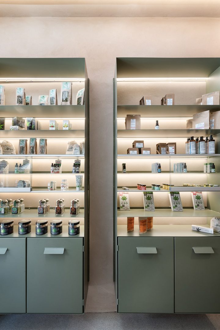 Store interior,selves with cannabis products