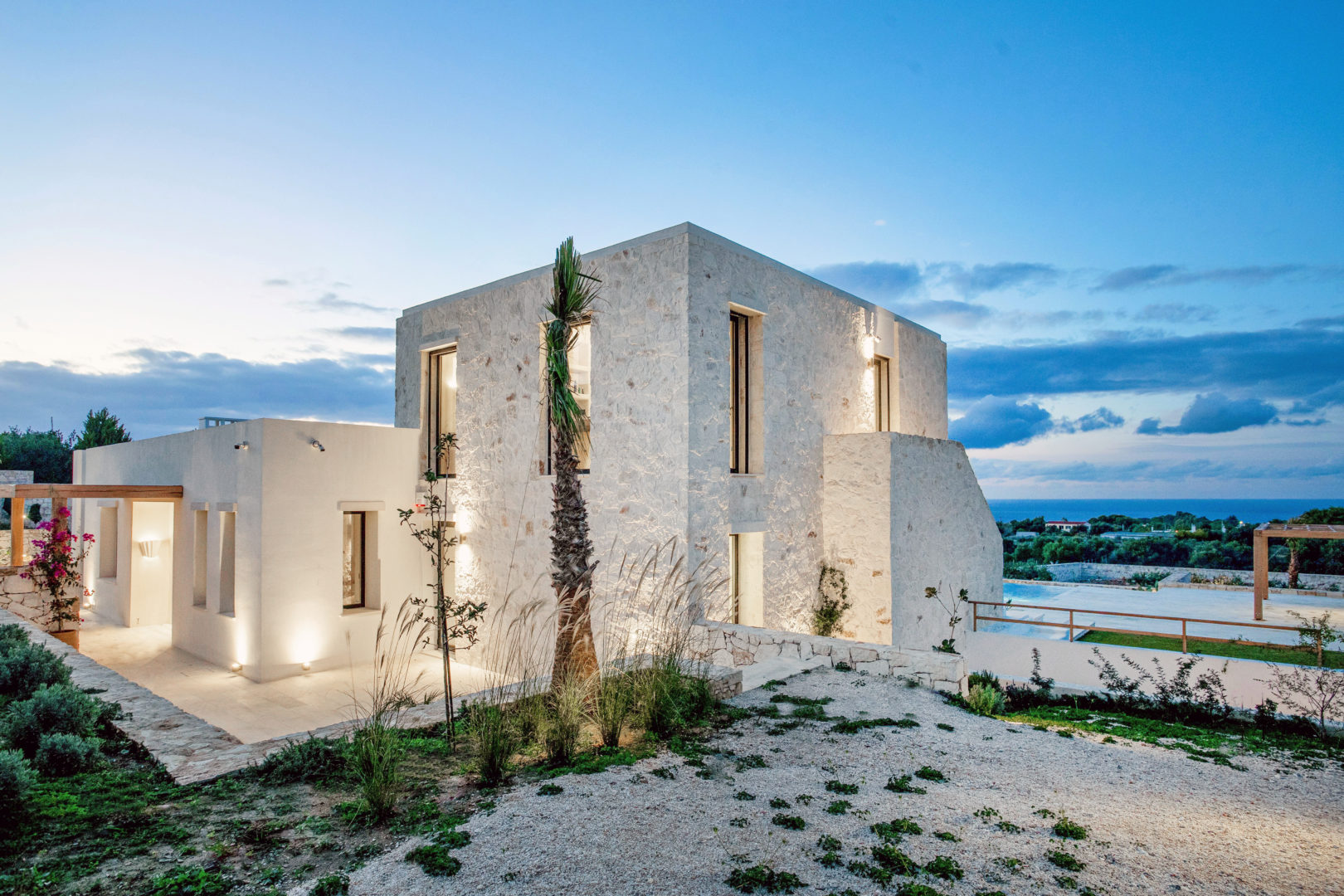 Stone villa's exterior at afternoon